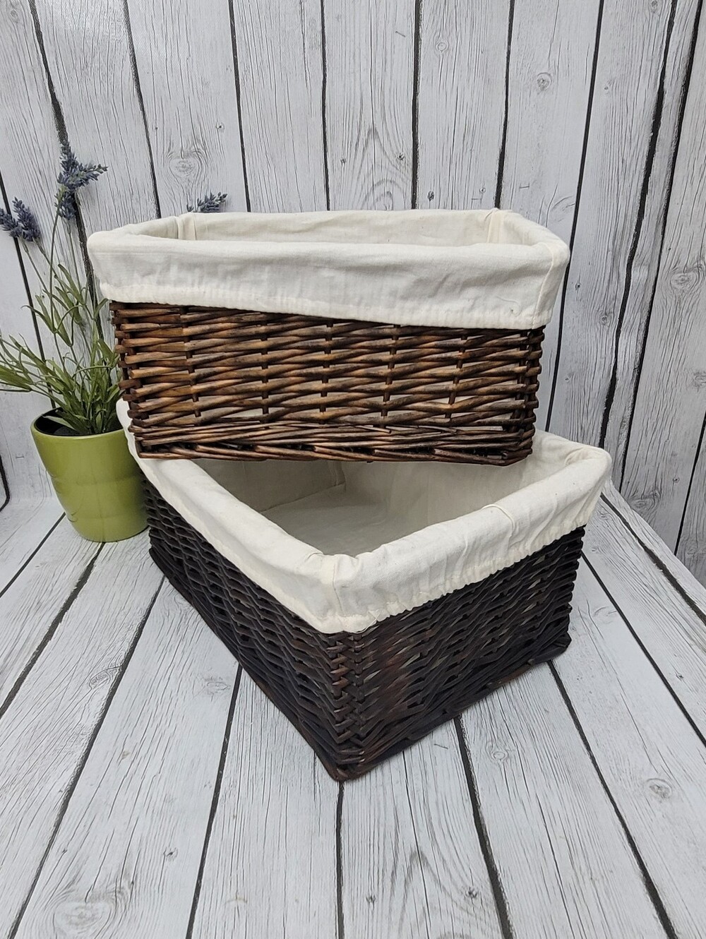 Woven Rectangular Storage Baskets with Cream Liner - Set of 2